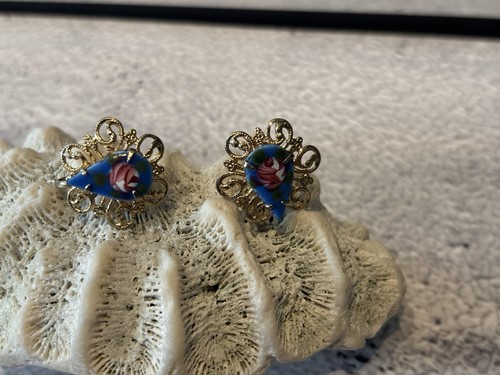 Vintage Murano Glass Blue Rose Earrings Gold Filigree Screw Back 1950s Italy