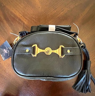 Beverly Hills Polo Club Black Crossbody Bag Zip Gold Logo Tassel Strap