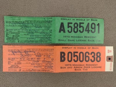 1975 Michigan Resident Bow and Arrow Deer Tag + Small Game Back Tags (2 Pieces)