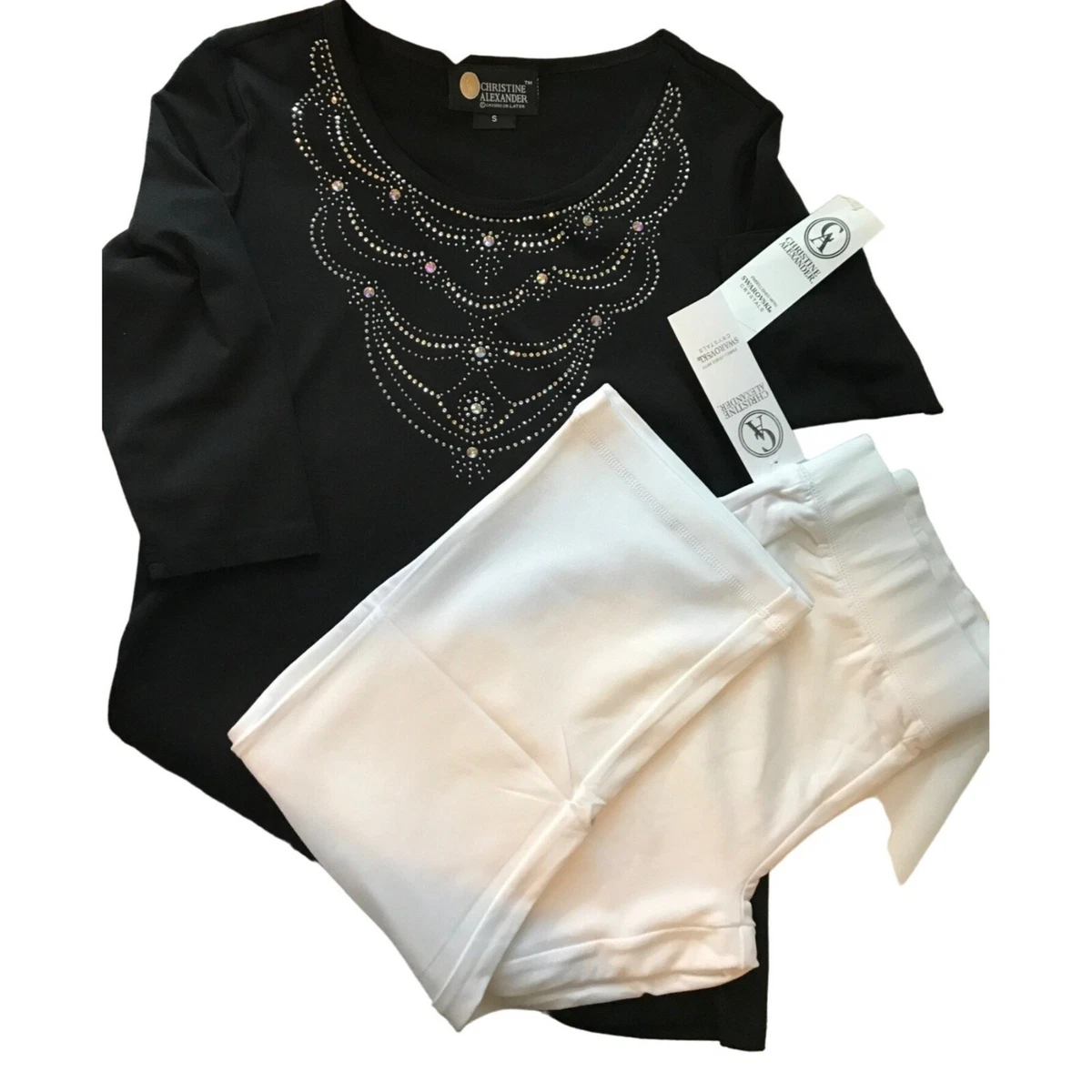 NEW Christine Alexander Small Pant & Top Set Black Scoop Neck SWAROVSKI CRYSTAL