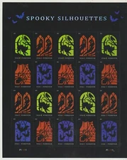 Spooky Silhouettes Sheet of 20 USPS 1st class $0.78 Stamps sent from OKC, OK