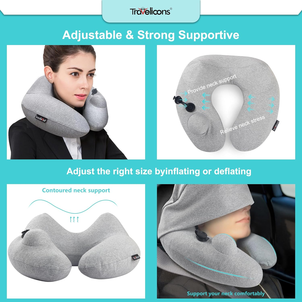 Travel Pillow for Airplane with Hood, Inflatable Neck Air Pillow for Car,Travel