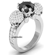 2.88CT Round Cut Real Black Onyx Unique Skull Jewelry Ring 14K White Gold Finish