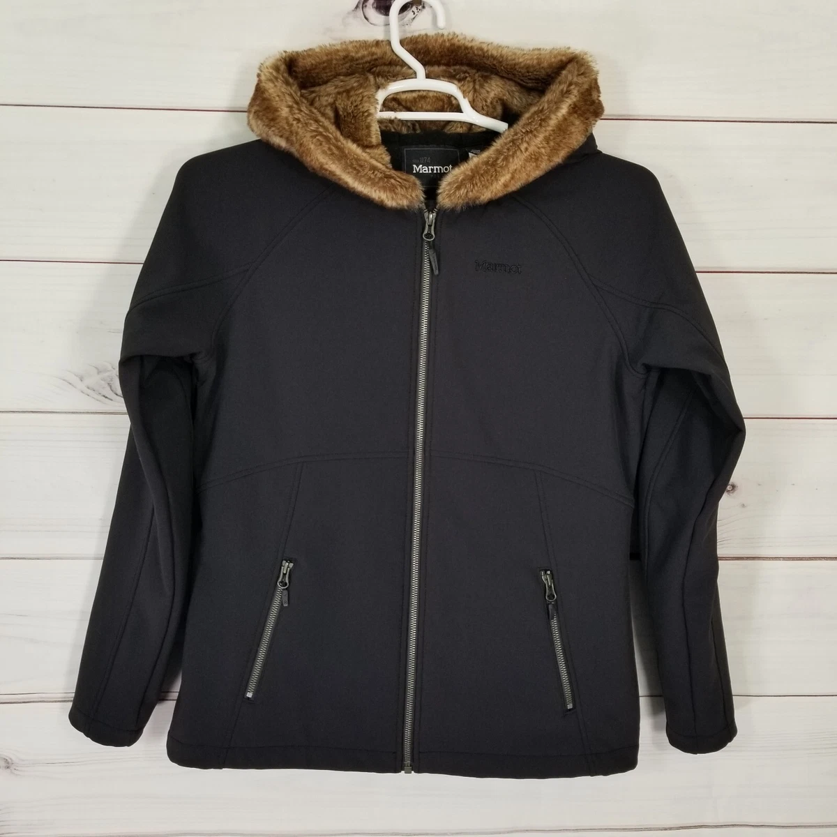 Marmot Womens Soft Shell Jacket Faux Fur Hood Full Zip Size L Black