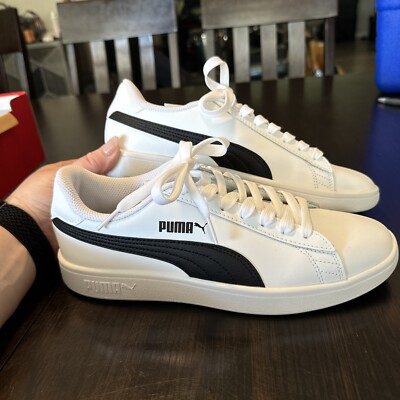 Puma, Mens Smash V2 Leather Lace-up Shoes (White w/black) Men's