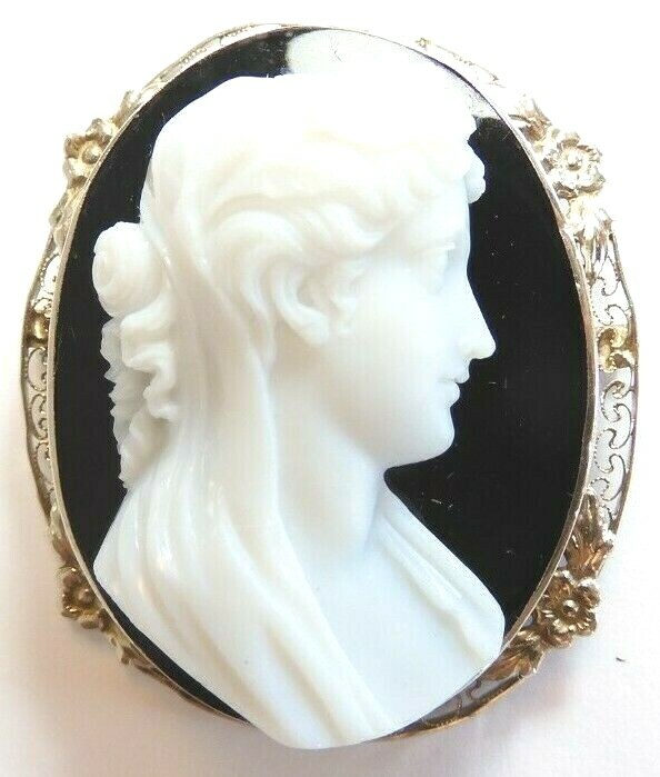 Antique Edwardian 13KW Black Onyx Cameo Pin Pendant 1.58x1.4 Inches