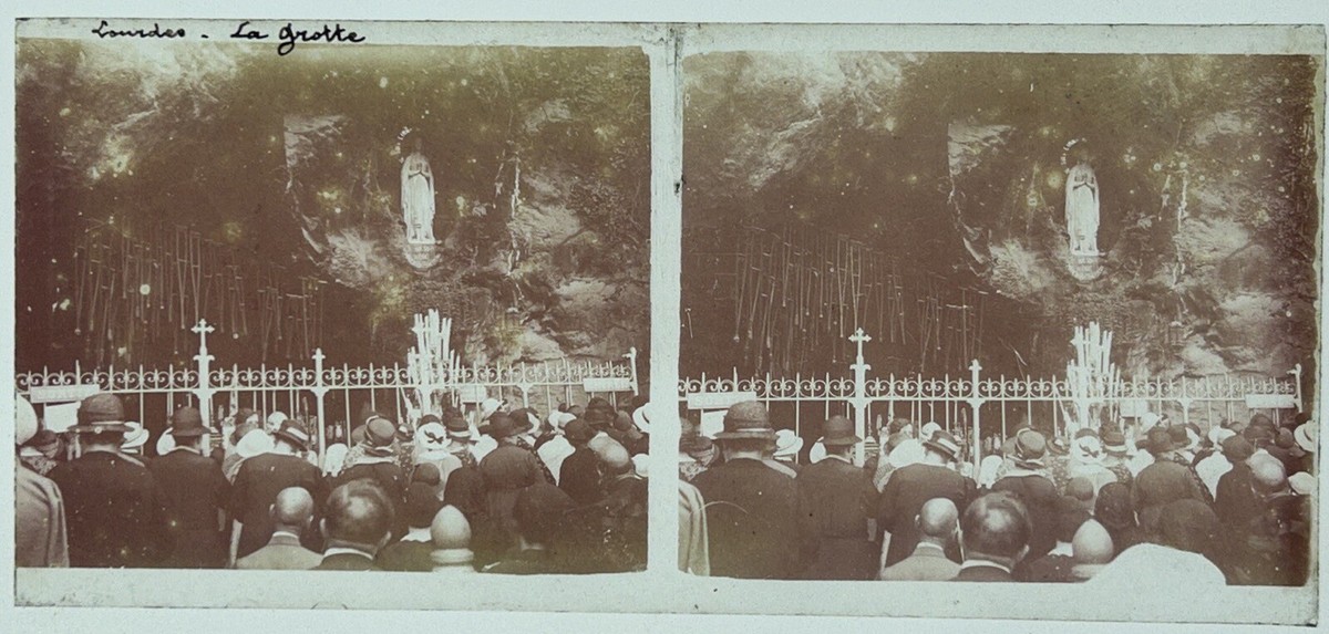 Photo Ancienne Grotte Massabielle Lourdes – Plaque Verre Positif 8,5x10 Cm, France 1900-1939