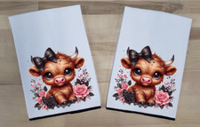 Waffle Weave Black Trim 16" x 24" Towels - Girl Highland Cow Calf - DZ003-BK2pcT
