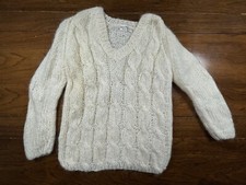 Vintage 1960s White Wool Mohair Blend V Neck Sweater Italy Italian Hand Knit S/M