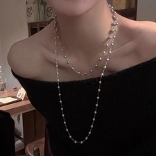 Long Double Layered Pearl Necklace • Elegant French Style Layering Chain