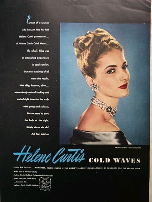 1945 Helene Curtis Cold Waves hair permanent Seaman Schepps Jewelry Vintage ad