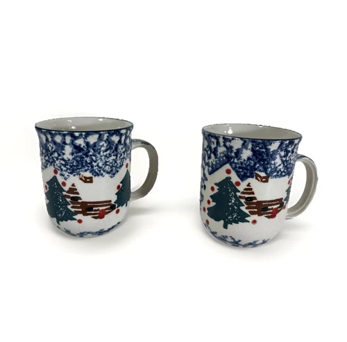 Set of 2 Coffee Mugs Folk Craft Tienshan Cabin in The Snow Cups Christmas Blue