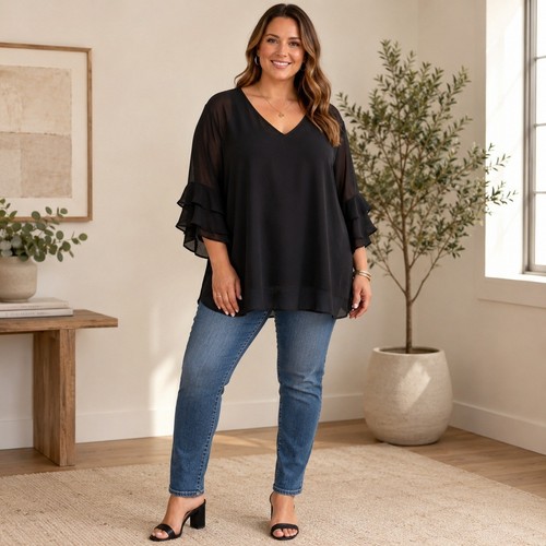 Valolia Black Sheer Ruffle Sleeve Blouse Minimalist Office Chic NWT XL