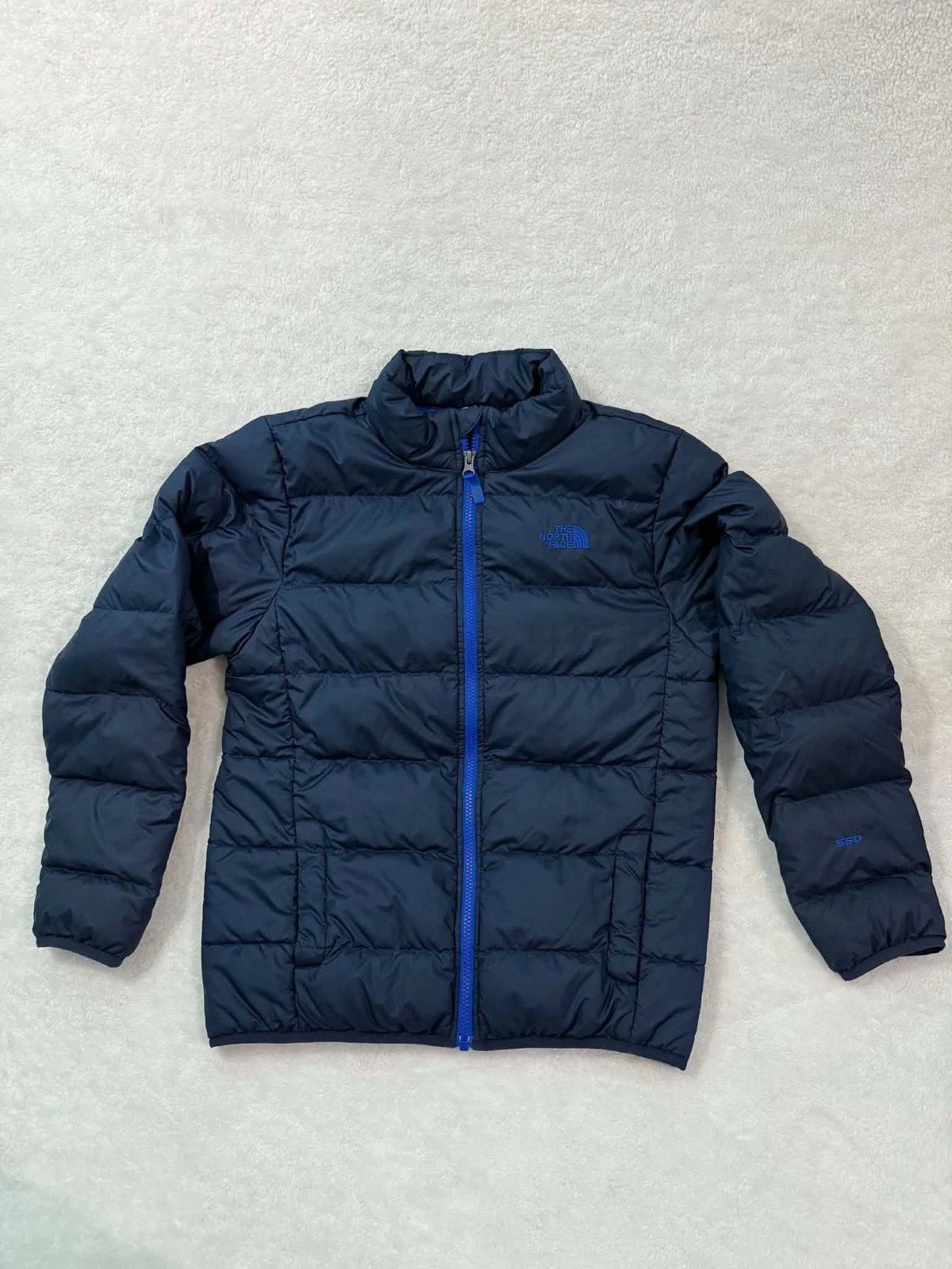 The North Face Boys L 14/16 Zip Up Blue Puffer 550 Down Jacket Winter Coat