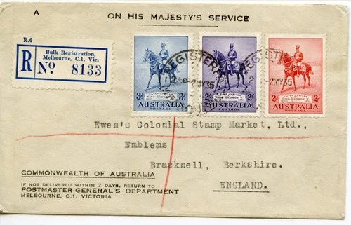 1935 SILVER JUBILEE AUSTRALIA PLAIN FDC MELBOURNE REGISTERED CDS PMKS TO UK VGC