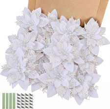 Christmas Flowers, 20pcs Christmas Tree Flowers White Glitter Poinsettia Flowers