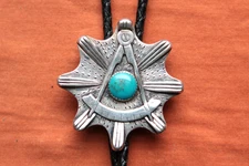 Vintage Hand Made Sterling Silver Cast Turquoise Masonic Bolo Tie