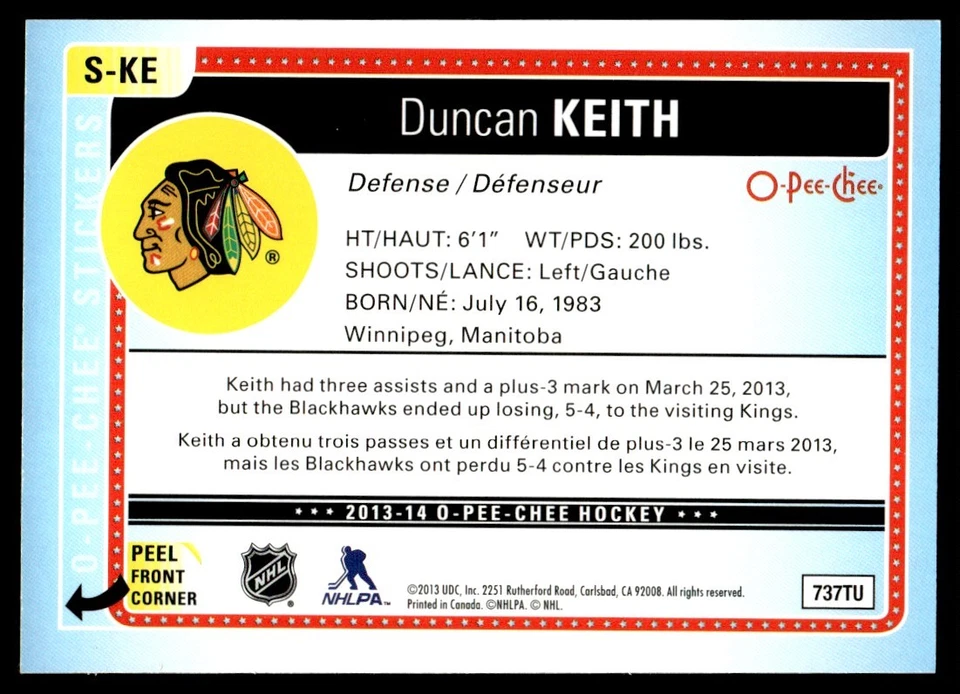 2013-14 O-Pee-Chee Stickers Duncan Keith Chicago Blackhawks #S-KE - Image 2 of 2