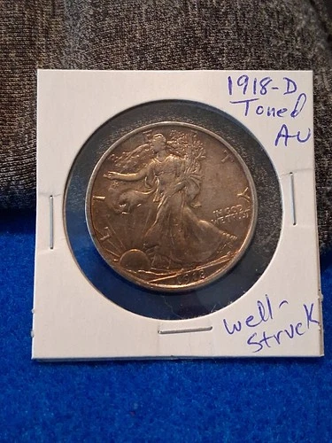 1918-D Toned AU Walking Liberty Half Dollar