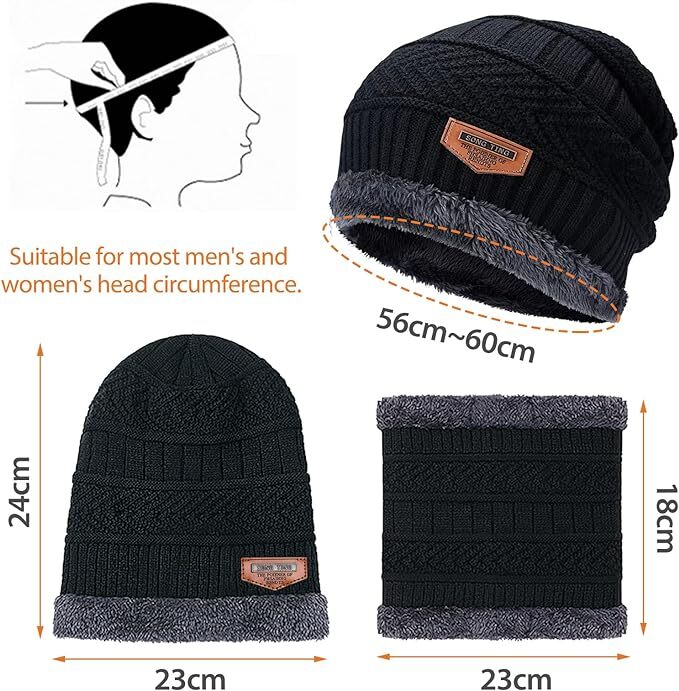 Men Hat and Scarf Snood Set Winter Beanie Hat Set Fleece Lining Warm