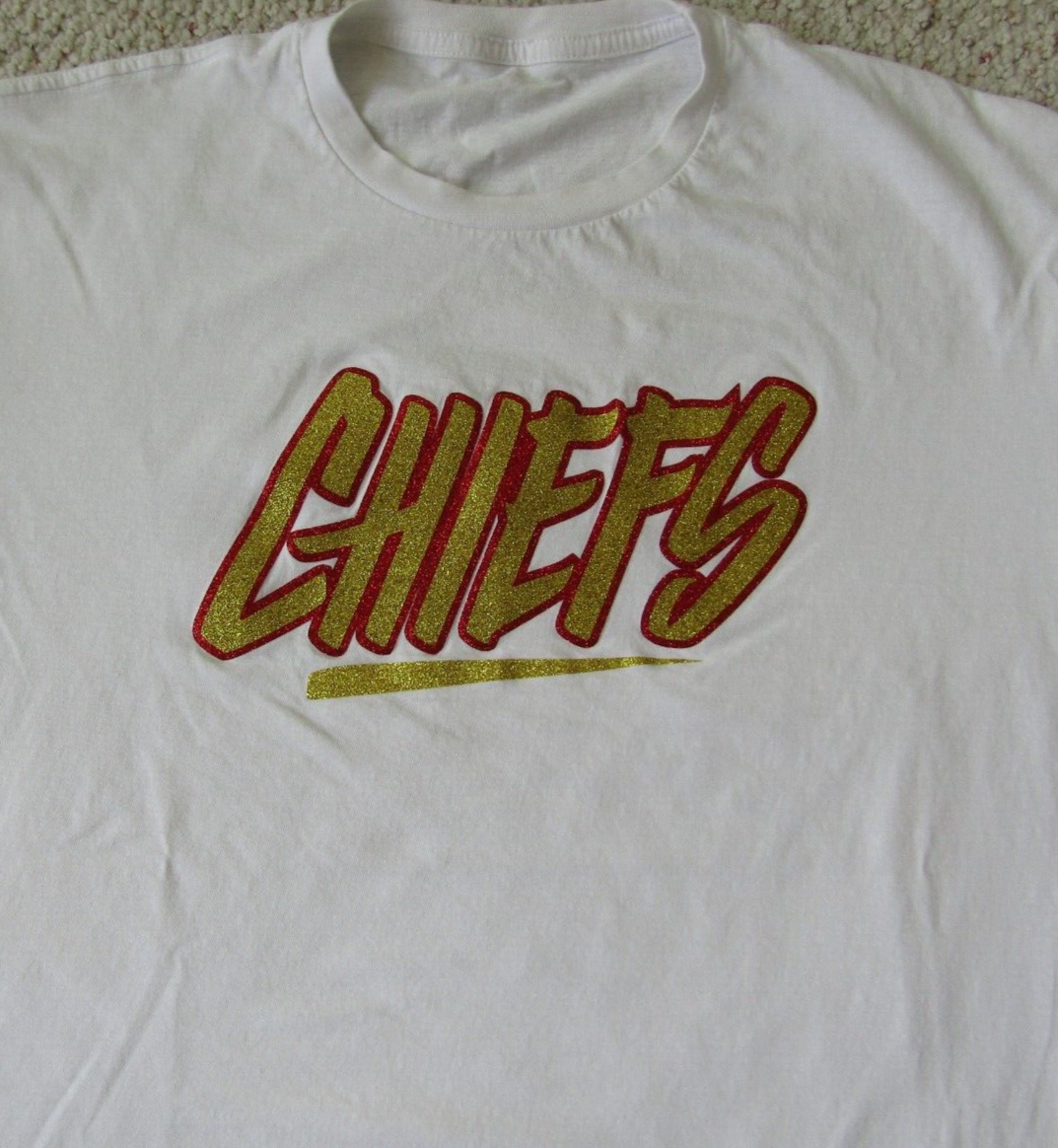KC CHIEFS SPARKLE GOLD LOGO white short sleeve t-shirt men L PROMO