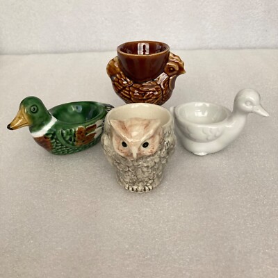 Konvolut 4 Eierbecher in Vogelform Vintage - Henne, Ente, Stockente und Eule