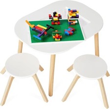 2-in-1 Kid's Wooden Building Block Table, Construction Activity Center,White