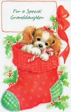 Cute CHRISTMAS Card FOR YOUNG GRANDDAUGHTER, Puppy Sock by Gallant Greetings +✉