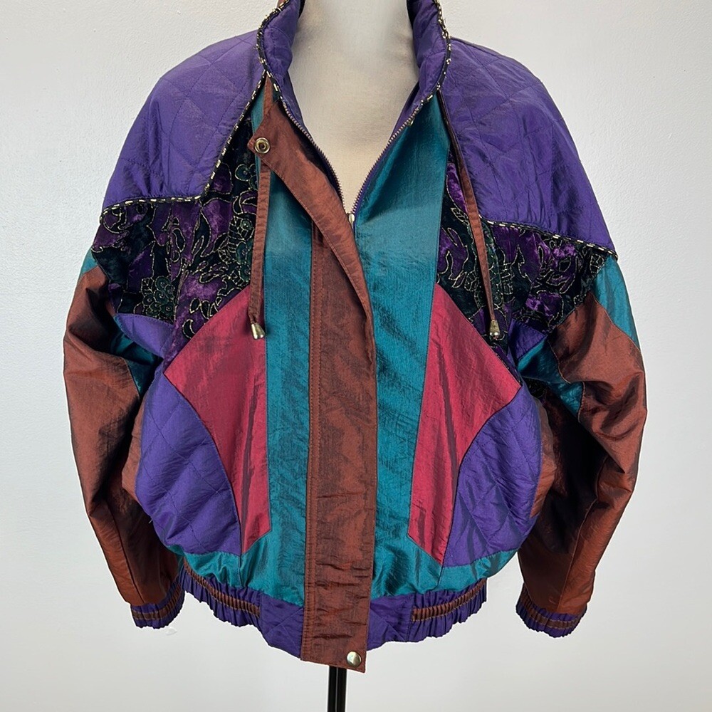 Vintage Y2K velvet quilted multi color bomber windbreaker jacket