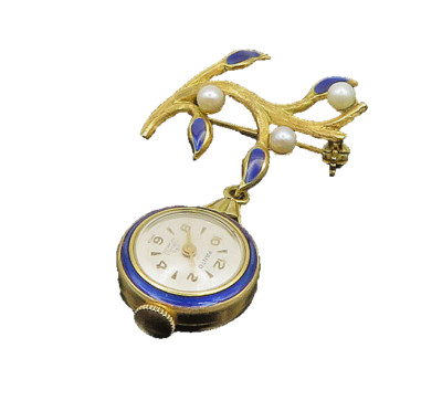18K GOLD Vintage Antique Pearls & Enamel Floral Watch Brooch Pin GB017 ...