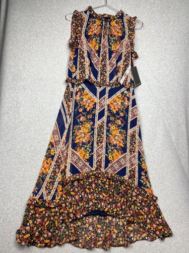Julia Jordan Boho Chic Floral Ruffle Chiffon Midi A-Line Dress Womens 2 *