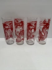 Vintage RED Asian Dragon Orchids Libbey Set of 4 Highball Glasses Peking Palace!