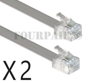 2 Pack Lot - 25ft Telephone Line Cord Cable 6P4C RJ11 DSL Modem Fax Phone Silver