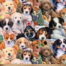 Garden Dog Puppies Print Fleece Fabric - 60" Wide - Sold by The Yard