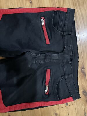 Balmain Paris Black & Red Stretch Denim Biker Moto Skinny