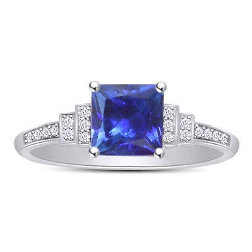 Solitaire with Accents Ring Simulated Blue Sapphire Sterling Silver