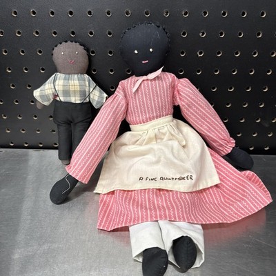 Vintage Folk Art Black Rag Dolls Lot of 2 Primitive Prairie Style OOAK African