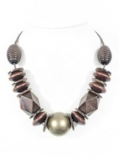 Brown Chunky Wood Bead Bronze Tone Statement Necklace Boho Tribal 20 in