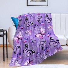Butterfly Blanket Purple Butterflies Throw Blanket Ultra Soft Flannel Beautif...
