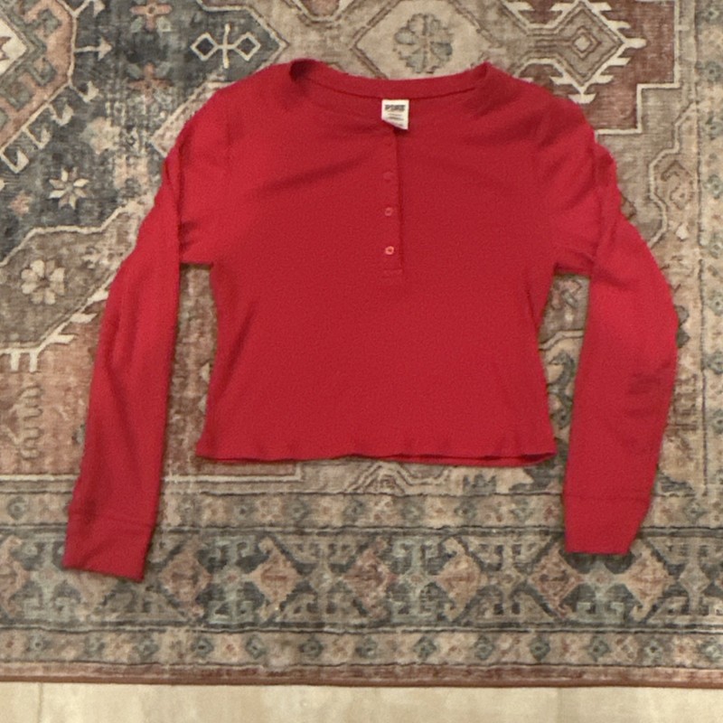 PINK Victoria's Secret Ribbed Button Red Long Sleeve Waffle Top L
