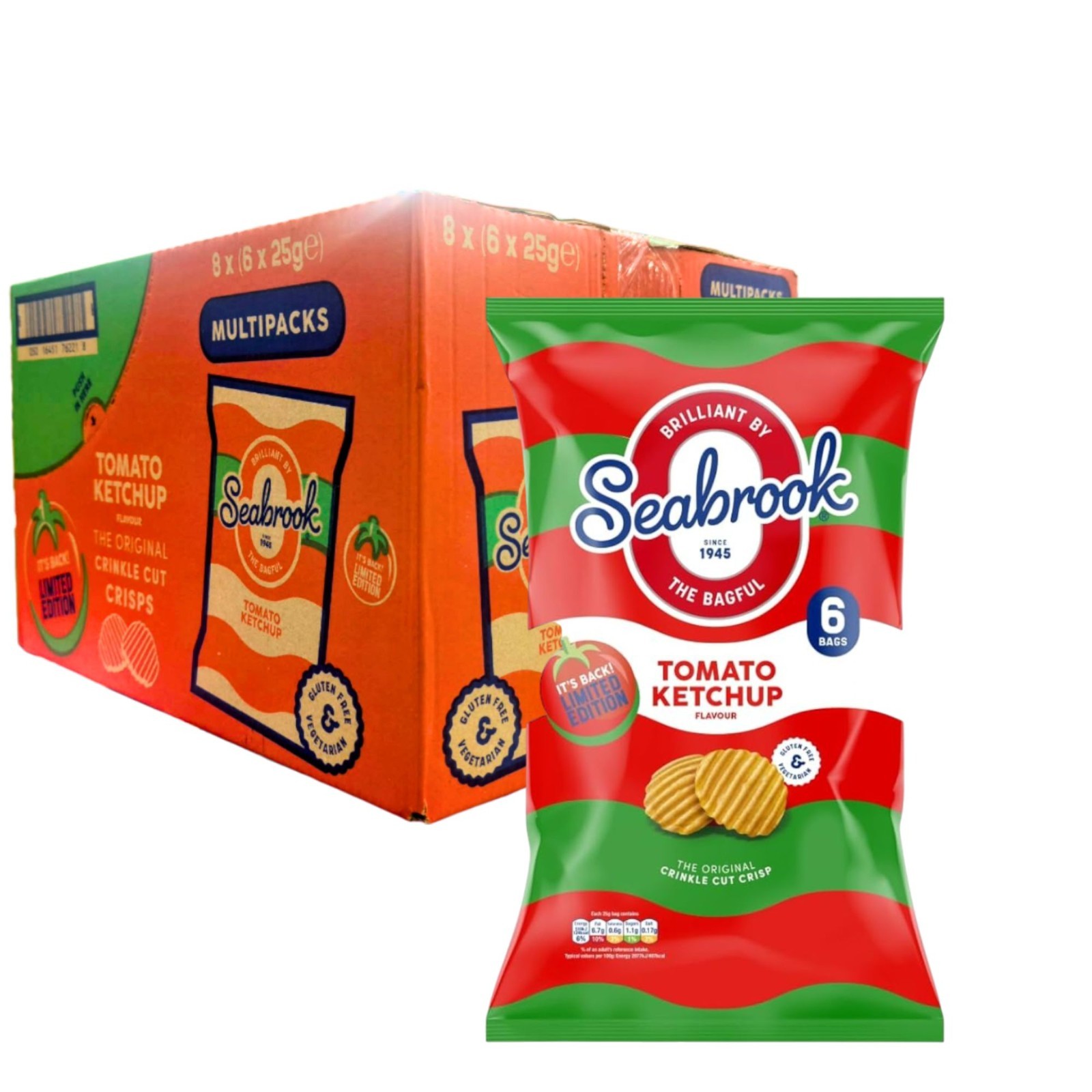 Seabrook Tomato Ketchup Crisps 48 Bags (8x6 Packs) 25g BULK BOX | GF & Veggie