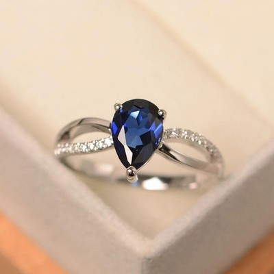 1.15 Ct Pear Cut Natural Sapphire & Diamond Wedding Ring 14k White Gold 8,7,6