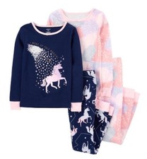 New Carter's Girls 4 piece PJs 4 year 2 Tops 2 Pants Unicorn Stars Snug Fit Knit