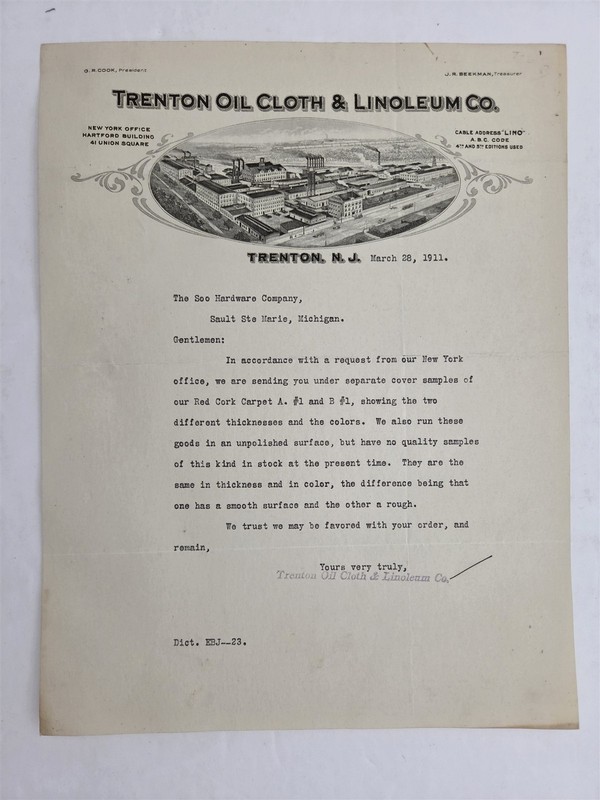 1911 antique TRENTON OIL CLOTH LINOLEUM CO trenton nj LETTERHEAD RED CORK CARPET