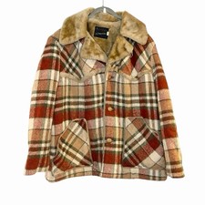 Vtg 60s 70s JCPenney Trench Pea Coat Plaid Tweed Faux Fur Pimp Retro Brown XL