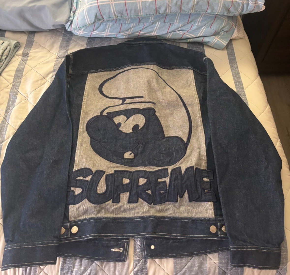 Supreme Smurfs Logo Blue Cotton Denim Jacket Men's L Button Front Pockets - second product detail image