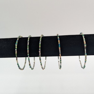 Set of 5 Silver Tone Beaded Bangle Bracelets Green Blue Purple Gold Stackable