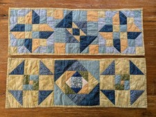 Handmade Quilted Table Runners Lot of 2 Gold Blue Hand Stitched Tea Dyed 12x35"