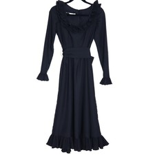 VICTOR COSTA Vintage 90s Midi Dress Black Ruffled Trim Long Sleeve Women's 4