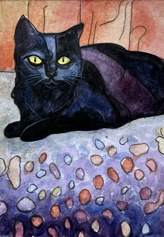 Original ACEO Black Cat Painting Miniature Art Card Ooak By Artist Dulshan C1